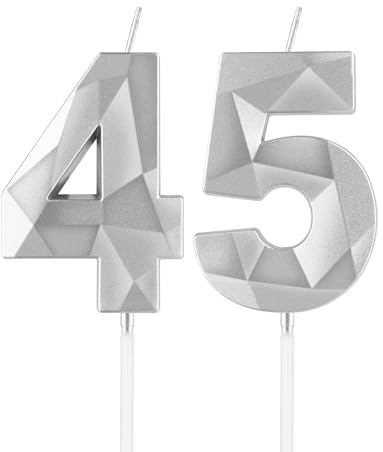 mciskin Silver 45th Birthday Candles, 45th Birthday Decorations for Women Men,3D Number 45 Candles for Cake,Silver Candle Cake Topper Decorations for Birthday Party Weddings Anniversary Supplies