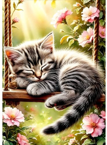DPHERO Swinging Cat Diamond Painting Kits for Beginners Adults,5D DIY Sleeping Cat Diamond Art Kits,Round Full Drill Wildflowers Gem Art Crafts,DIY Painting by Numbers for Home Wall Decor 12x16 inch