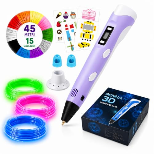 Penna 3D di precisione | Kit completo con 45 m di filamento PLA (15 colori) + 3 fluorescenti | velocità regolabile | strumento per lavori manuali e riparazioni. con Borsa per il trasporto