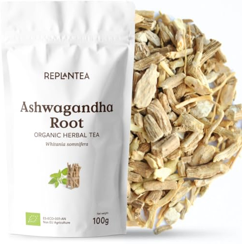 REPLANTEA Infusión de Raíz de Ashwagandha Ecológica 100g | Té Adaptógeno para el Estrés y la Ansiedad | Ayuda Natural para la Relajación y el Sueño | Whitania Somnifera a Granel