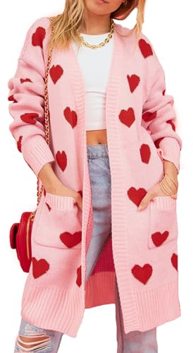 Women's Valentines Day Oversized Long Cardigan Romantic Love Heart Print Open Front Sweater Trendy Going Out Knit Coat with Pockets (A-Pink, M)