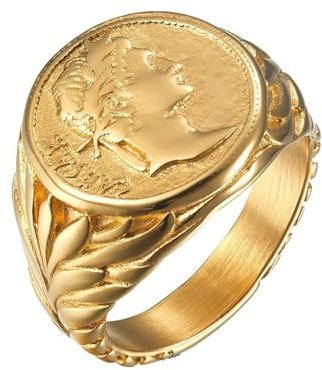 Vintage Roman Caesar Signet Ring Gold Plating Retro Metal Alloy Statement Piece for Men & Women, Portrait of Caesar the Great Personalised Thumb Knuckle Jewellery Gift Birthday Christmas (Size 7)