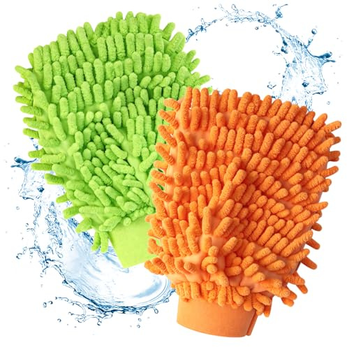 2 Pcs Microfibre Car Wash Mitt for Car Washing Double Sided Car Wash Mitt Glove Super Absorbent Car Washing Mitt Microfibre Wash Mitt Cars Wash Mitts for Car and Household Cleaning Orange Green