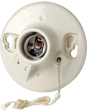 Leviton One-Piece Glazed Porcelain Outlet Box Mount, Incandescent Lampholder, Pull Chain, 2 Wire Outlet, Side Wired, 9716-C, White