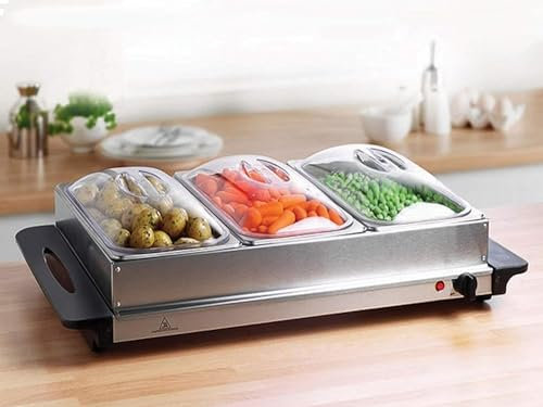 Garden Mile 3-Pan Stainless Steel Electric Buffet Server Food Warmer - 300W Hot Plate with Adjustable Heat, Buffet Warmer Trays, 3x2.36L Pans, Electric Food Warmer Buffet Server for Parties, UK Plug