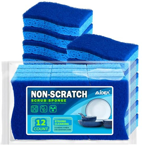 AIDEA Non-Scratch Scrub Sponge Pack of 12, Dual-Sided Dishwashing Sponges, Cleaning Sponge, Cleans Fast Without Scratching, Stands Up to Stuck-on Grime, Cleaning Power for Everyday Jobs