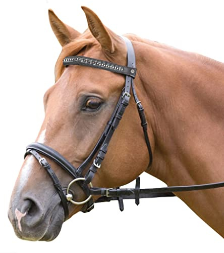 Saddlesworld Fancy Black Leather Center Square Pearl with Clear Crystals Horse Bridle's Browband - Pony Size