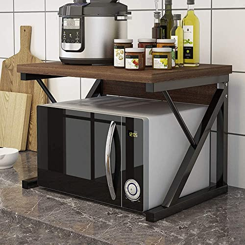 Menaka 2 Tiers Microwave Oven Shelf Stand for Countertop, Kitchen Spices Storage Rack Unti Shelving Desktop Printer Rack Free Standing for Home Office Metal Frame with Wood Tabletop