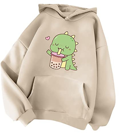 Minetom Damen Kapuzenpullover Langarm Hoodie Kawaii Dinosaurier Hoodies Pulli Teenager Mädchen Mode Casual Sweatshirt Herbst Winter Warme Oberteile mit Kapuze Kordel und Taschen A Beige M
