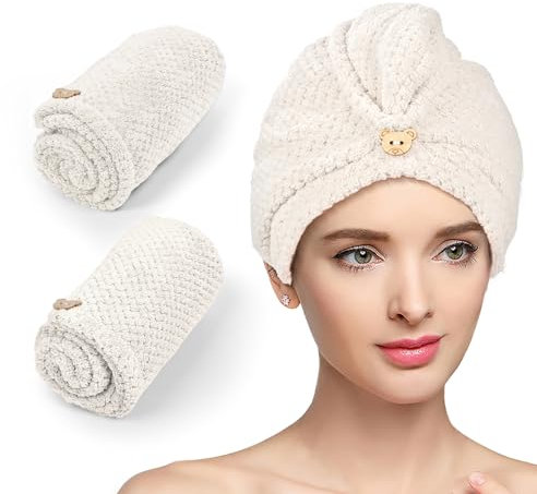 Mikrofaser-Handtuch, super saugfähig, Haarturban zum Trocknen von lockigen, langen und nassen Haaren, 2 Stück, 25,4 x 66 cm, Perlweiß