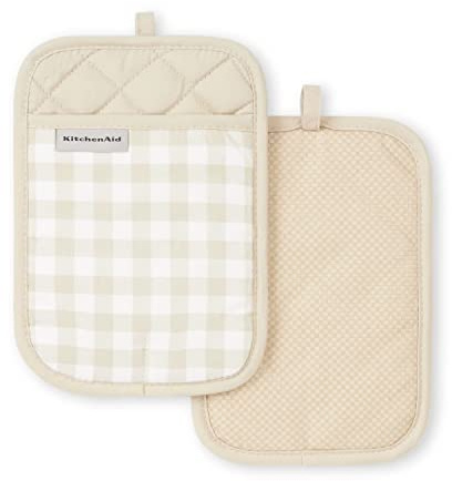 KitchenAid Gingham Pot Holder 2-Pack Set, Milkshake Tan, 7x10