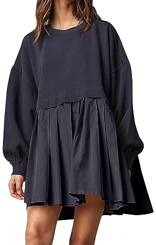 Ugerlov Felpa Oversize da Donna a Maniche Lunghe, Girocollo, vestibilità Comoda, Mini Abito, Nero/Nero, S