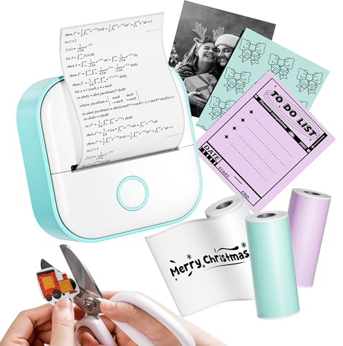 Phomemo T02 Mini Printer, Bluetooth Portable Printer Inkless Sticker Printer with 3 Rolls, for DIY Creation, Study Notes, Pictures, Receipts, Smart AI APP for Phone & Tablet, Green