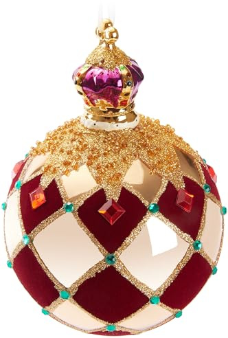 BRUBAKER Premium Weihnachtskugel Royal King - Königliche Baumkugel Gold Rot - Kariert mit Samt, Glitzer und Krone - 14 cm große Baumkugel aus Glas mit Porzellan Figur - Weihnachtsbaumkugel
