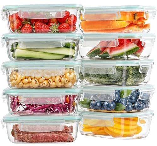 Winter Shore Boites Alimentaires Hermétiques avec Couvercles 630ml (10 pcs)- Récipients Meal Prep Verre Borosilicaté Sans BPA pour Aliments - Compatibles Micro-ondes, Four, Lave-vaisselle, Congélateur