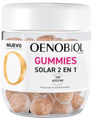 OENOBIOL - GUMMIES SOLAR 2 EN 1 - Protector Celular- Autobronceador - Rostro y Cuerpo - Sabor Natural Fresa, limón - Sin azúcar - Complemento alimenticio - Vegano - 60 gominolas 1 mes