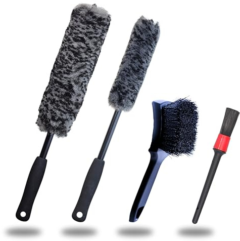 oesee Refined Long Handle Car Wheel Brush Arsenal, Soft Wheel and Rim Brush,Tire Brush, Bendable & Durable Car Wheel Rim Cleaner Brush Set for Cleaning Wheel and Tire, Large, Grey & Black