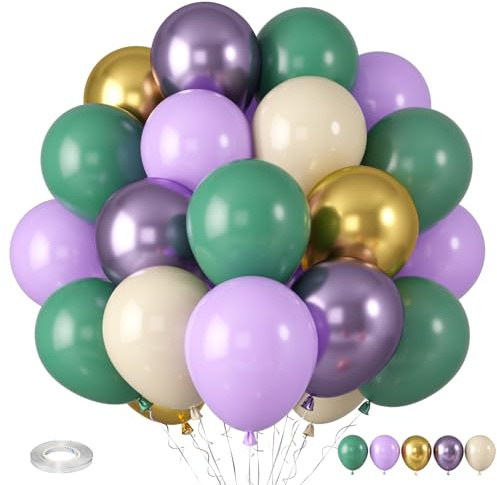 Purple and Sage Green Balloons, Purple Lavender Sage Balloon Cream White Gold Balloons, Light Metallic Purple Gold Balloon for Boho Birthday Wedding Graduation Party Baby Shower Decoration