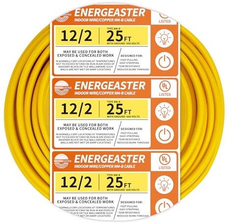 Energeaster Solid Indoor 12/2 W/G NMB Cable 25ft Coil，Electrical Wire 12 Gauge Wire 2 Conductors Non-Metallic with Ground Wire(Yellow)