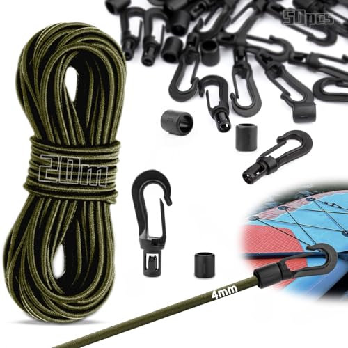 SWTYExt 20m Bungee Cords with Hooks Set 4mm Elastic Cord with 50pcs Plastic Hooks Heavy Duty Elasticated Rope Green for Trailer Tarpaulin Camping Pool Cover Tent Pole Bicycle Transport