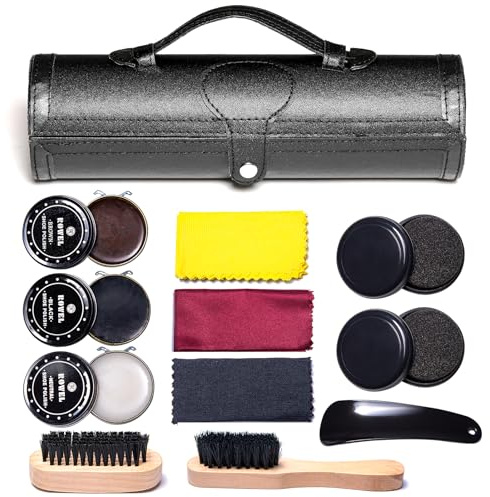 YUET Kit de cirage pour chaussures - Pour cuir marron et noir - Avec brosse et étui de voyage - Poils de cheval doux - Applicateur en bois - Chausse-pied et chiffon - 12 pièces, Noir , Taille unique