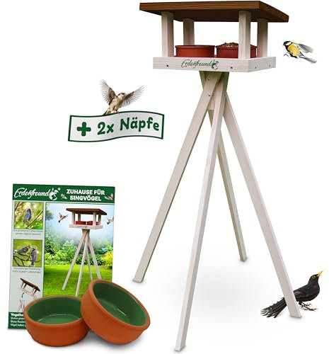 ERDENFREUND® Vogelhaus mit Ständer wetterfest +2 Näpfe Futterhaus für Vögel mit Rundumblick räubersicher Vogelfutterhaus 1,20m fertig montiert (Vogelhaus stehend +2er Wasser-/Futternapf hygienisch)