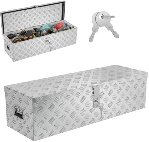 LZQ Boîte de transport en aluminium avec couvercle, 990 x 330 x 254 mm, caisse en aluminium avec serrure pour outils, stable et étanche, pour véhicules et remorques, argenté