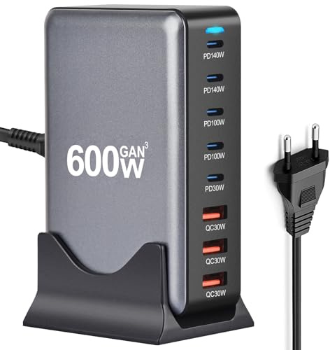 600W GaN3 USB C Ladegerät Mehrfach – 8 Ports USB Ladestation, 5×USB-C-Ports (140W/100W/30W) und 3×USB-A-Ports (30W QC) – Kompakter Multi-Geräte-Ladegerät für Laptops, iPhone 15/16, Galaxy, PS5 (600W)