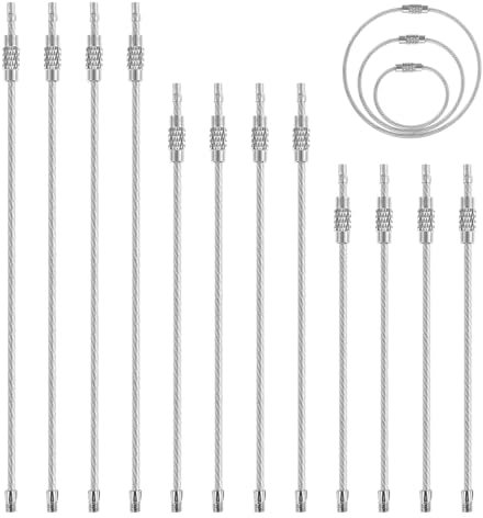 Lnngub 12 portachiavi con corda metallica da 1,5 mm, in acciaio inox, morbido portachiavi con chiusura a vite, 20/15/10 cm, anelli lunghi in argento per bagagli, chiavi, ciondolo