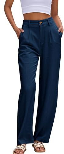 Muwodkdn Pantalon Femme Fluide Été Pantalon Taille Haute Elastique Jambe Droite Femme Pantalons Bureau Chic et Elegant Pants Décontracté Léger Palazzo Plissé avec Poches Bleu S