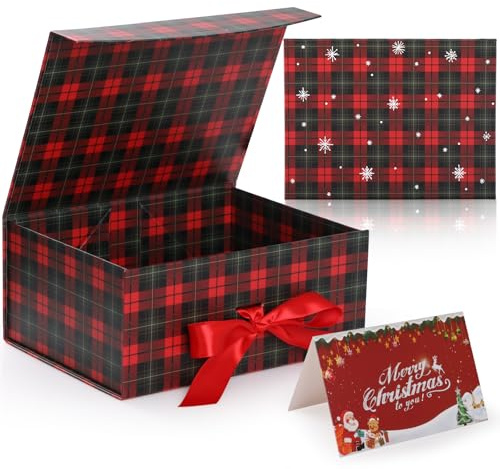 Caja de Regalo Navideña con Tapa 29 * 22 * 10.5cm, GeeRic Cajas de Regalo Magnéticas con Tapas MagnéTica y Cinta, para Embalaje de Regalos de Bodas y CumpleañOs Navidad