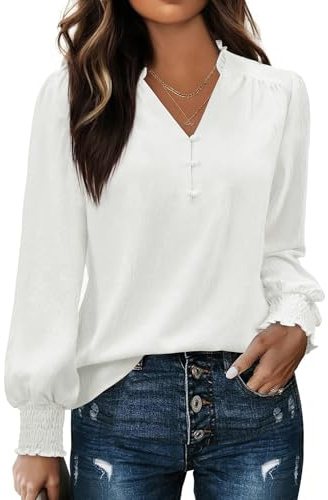 Gleeivy Blouses for Women Dressy Casual Long Sleeve Shirts V Neck Tunic Fall Tops Trendy with Smocked Cuffs Business 2026 Outfits Clothes White M