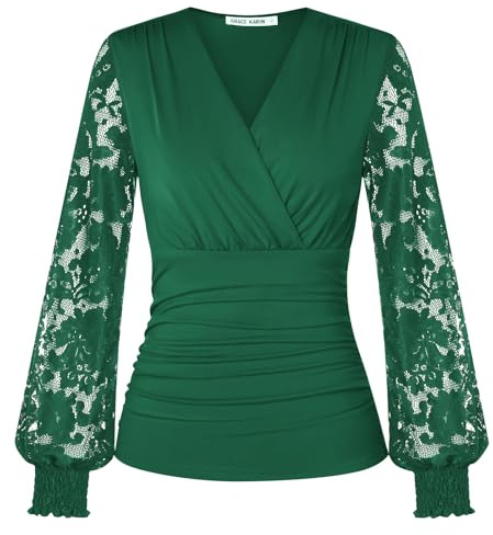 GRACE KARIN Tops de Manga Larga para Mujer Elegantes con Cuello en V Envolvente Blusas Túnica Fruncidas Blusas Camisas Casuales Vintage para la Noche, verde oscuro, XL