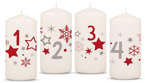 Gravyrrad tryckta adventsljus – Advent stjärnor rött – julljus för adventskransen set om 4 – dekoration till jul – present till henne och honom – blockljus 120/58 mm
