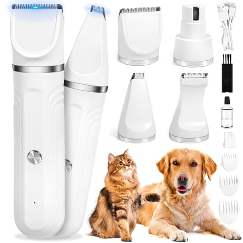 NXPZ 4 in 1 per Toelettatura Animali Domestici, Tosatrice per Animali Silenziosa, Include 4 Testine di Taglio Multifunzione, Ricarica USB-C, Adatto per Zampe, Occhi, Orecchie e Muso di Gatti e Cani