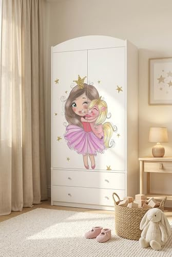 Happy Babies Armoire pour enfant avec motif adorable - Armoire 2 portes pour chambre d'enfant avec 2 tiroirs, tringle à vêtements et étagères, blanche (88 x 187 x 54 cm) (n° 398)