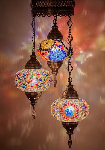 DEMMEX Lampadario a Sospensione in Mosaico Turco Marocchino – Lampada da Soffitto Artigianale con Paralumi Personalizzabili da 17cm – Illuminazione Boho per Soggiorno e Camera da Letto, 105cm Altezza