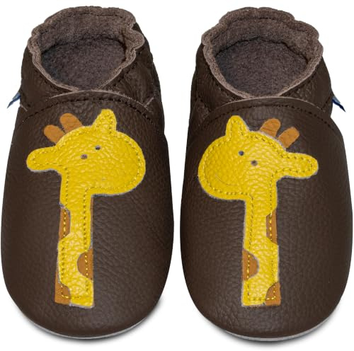 YIHAKIDS Babyskor flickor pojkar mjukt läder baby barn tofflor mjukt läder skor flicka pojke första steg 0–6 månader - 2 år, Mörkbrun giraff, 23 EU