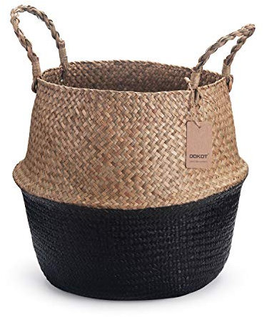 DOKOT Seegras Korb Blumentopf Naturkorb Gewebt Wäschekorb Mit Griff für Pflanze Spielzeug Aufbewahrung (Schwarz)