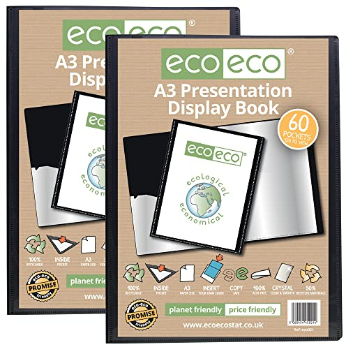 Eco-eco - Raccoglitore per presentazioni, formato A3, 50% riciclato, 60 tasche, colore nero, con custodia in plastica eco021 x 2 (confezione da 2 libri)