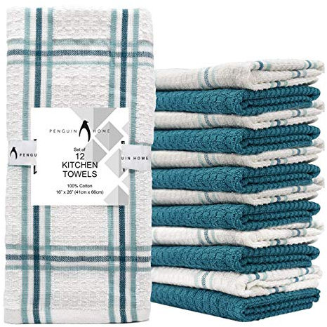 Penguin Home Premium Set of 12 Kitchen Towels - 66 x 41 Cm (16x26) 100% Ring Spun Cotton Super Soft and Absorbent Dish Towels, Teal