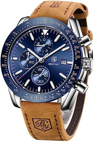BY BENYAR Herren Business Analoger Chronograph Quarzuhr 30M Wasserdicht Leuchtende Datumsanzeige Modische Freizeituhr Sport Multifunktions Lederuhr.（Silber Blau）
