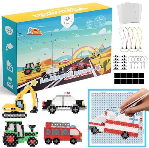 La Manuli Amazing Vehicles Bügelperlen Set mit 6000 Perlen | 5mm | 10 Farben | inkl. Steckplatten, Zubehör | Steckperlen mit Jeder Marke Beads Kompatibel | Bunte + DIY Muster