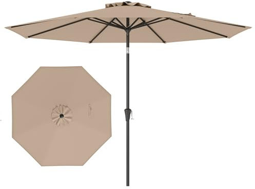 GYMAX Ombrellone da Giardino 3x3 M, 8 Stecche, Manovella, Parasole Inclinabile 25° in Poliestere, Palo in Metallo, Ideale per Cortile, Terrazzo, Mare (MARRONE)