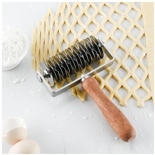 Stainless Steel Lattice Pastry Cutter With Wood Handle - Pizza Dough Roller, Cookie Pie Ravioli Bread Maker - Household Time-Saver Baking Tool
