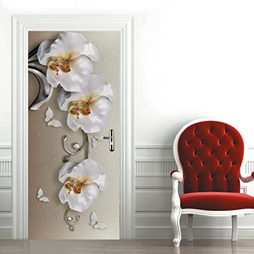 A.Monamour Adesivo Porta Autoadesiva Ornamenti Di Fiori Di Magnolia Bianca Vinile PVC Adesivi per Porte Interne 3D Pellicola Adesiva Poster Sticker Murale Parete Carta da Parati