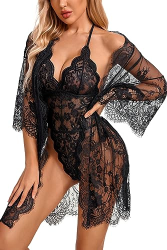 Avidlove Women's Lace Kimono Robe Babydoll Lingerie With Lingerie Bodysuit Halter Teddy Chemise