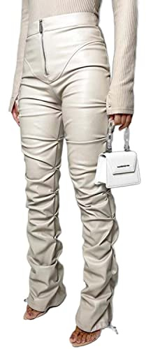 Sumleno High Waist Stacked Pants for Women Faux Leather Ruffle Ruched Leggings Y2k Black Pleated Sexy Aesthetic Streetwear (L,Beige)