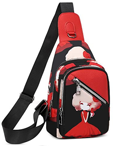 VARLIVOO Femme Sling Bag Sacs à Bandoulière pour Dames Sac de Poitrine Mignon Motif Petit Crossbody Bag Voyager Randonnée Sport Gym Sling Sac à Dos Imperméable Polyester Rouge B