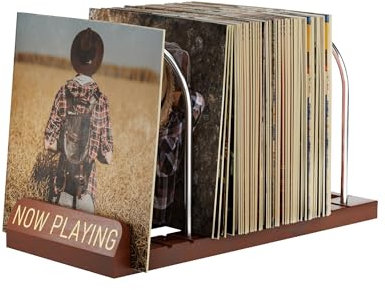 BS-VOG Now Playing Support de rangement pour disques vinyles 50 LP avec rainures antidérapantes, support de disque vinyle rotatif en bois pour albums, magazines, magazines, emballage cadeau